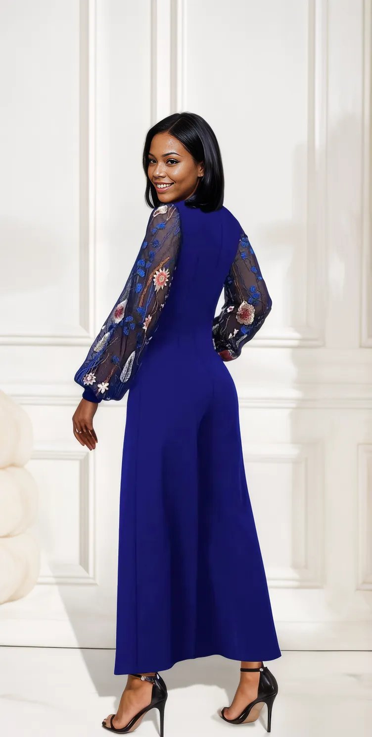 Surplice Embroidered Long Sleeve Wide Leg Jumpsuit