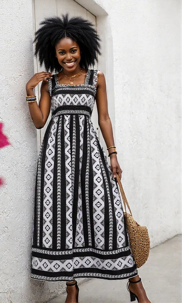 Printed Square Neck Wide Strap Cami Dress
