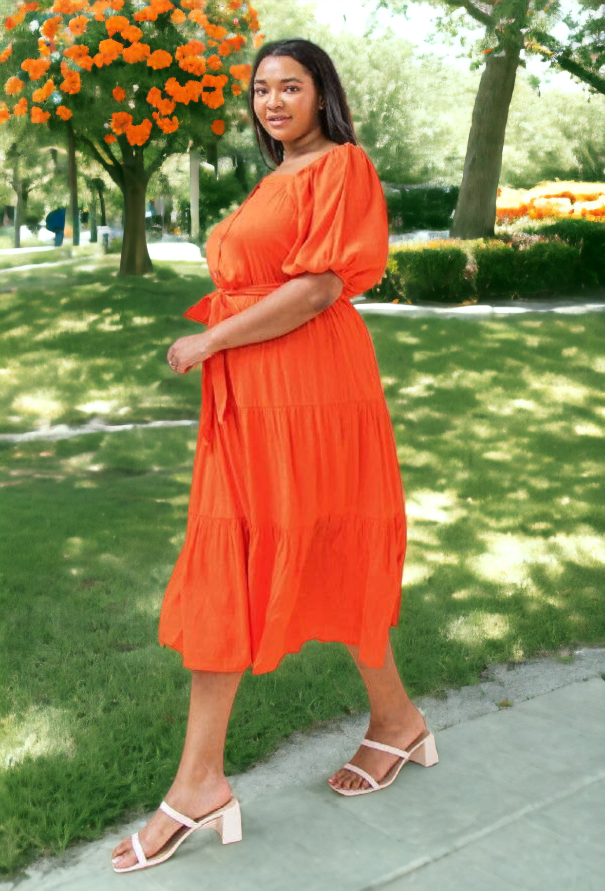 Solid Coral Midi Dress, Sizes 1X - 3X