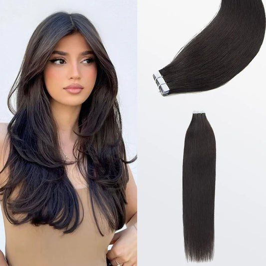Premium Quality Straight Tape In Remy Hair Extensions #1B Natural Black