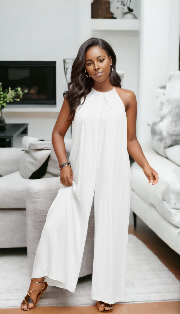 Plus Size Sleeveless Halter Neck Wide Leg Jumpsuit