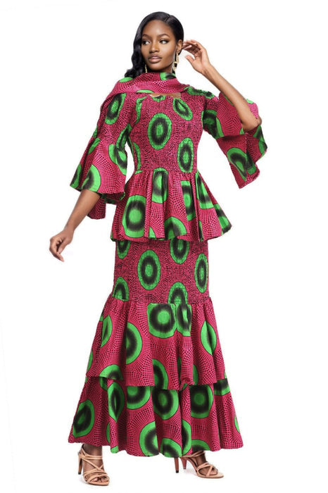 Watermelon Color Print Long Length Dress