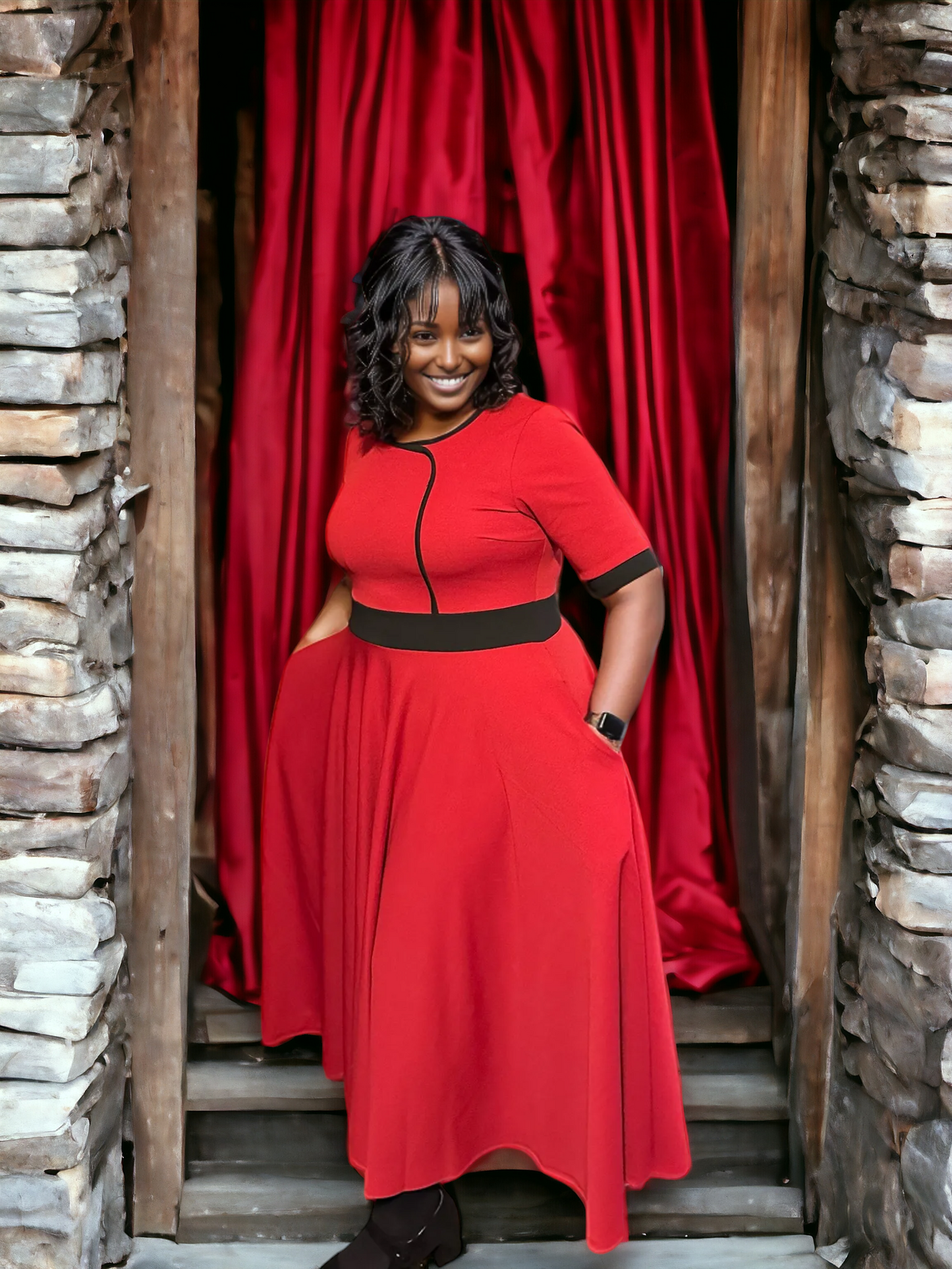 Red Contrast Trim Dress