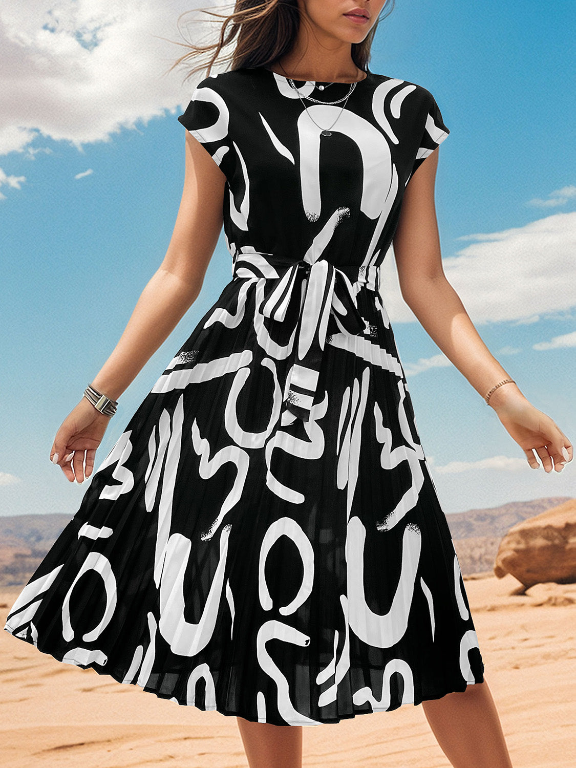 Printed Cap Sleeve Tie Waist Dress - Three Color Choices