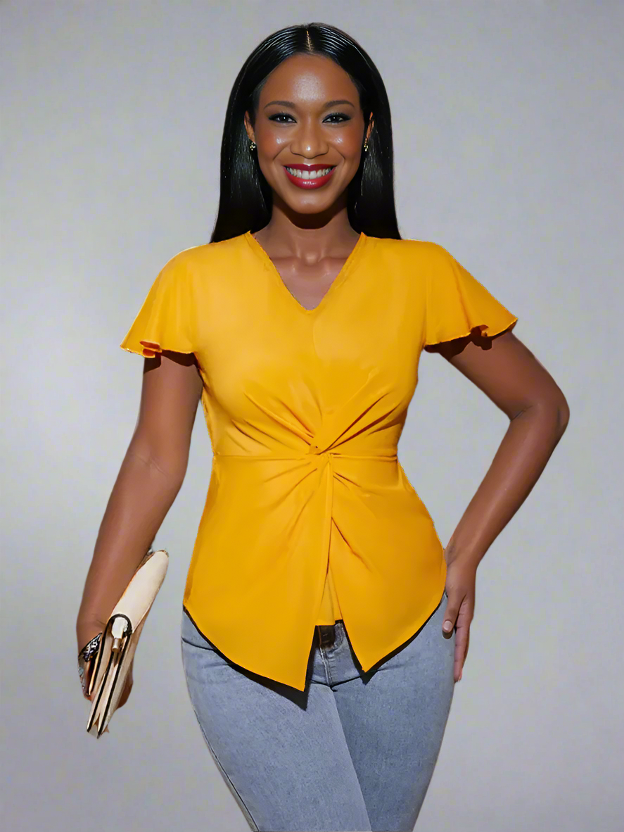 Twisted Solid V-Neck Cap Sleeve Blouse