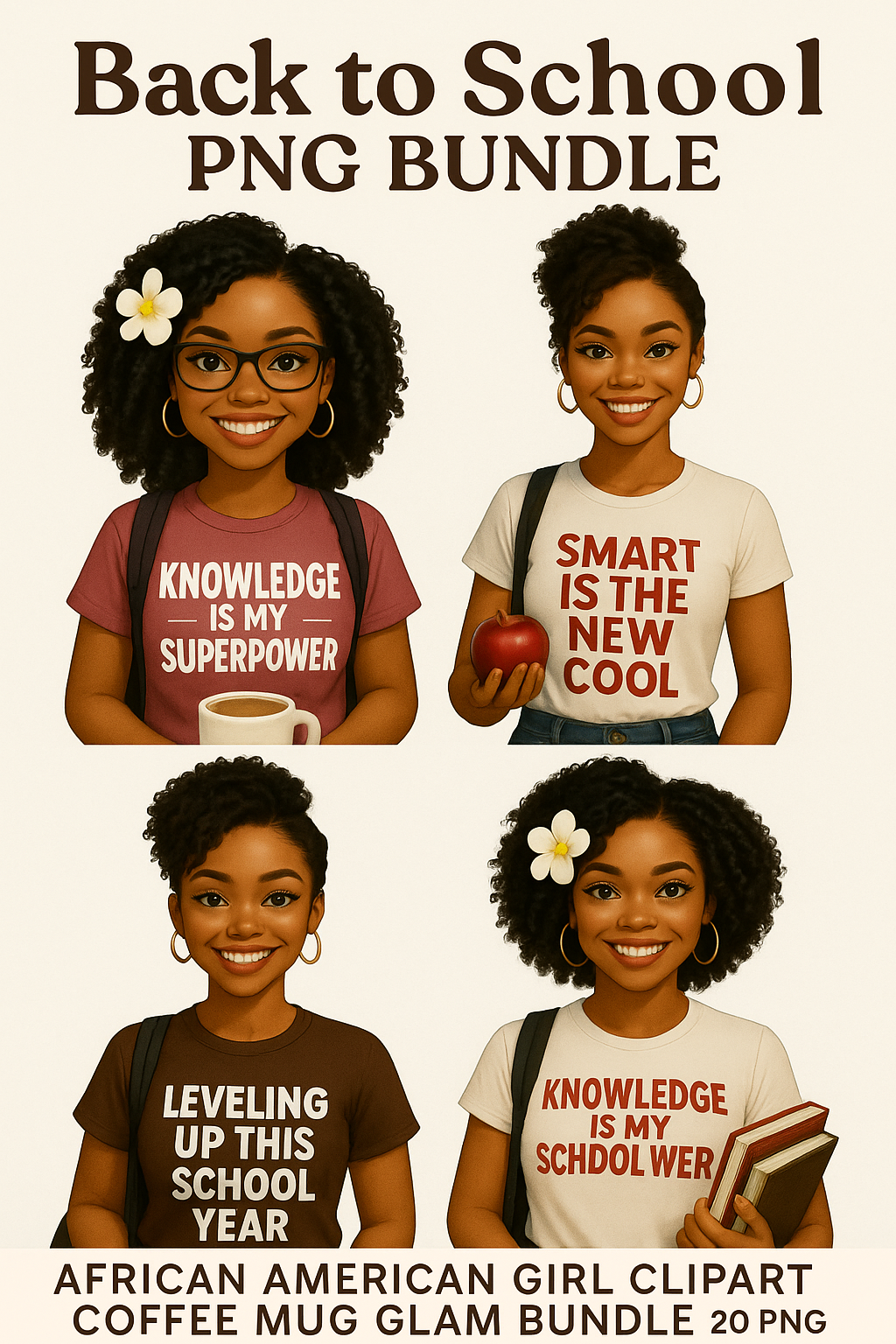 Back to School PNG Bundle | African American Girl Clipart | Coffee Mug & T-Shirt | 20 PNG Digital Download for Stickers, Journals and More