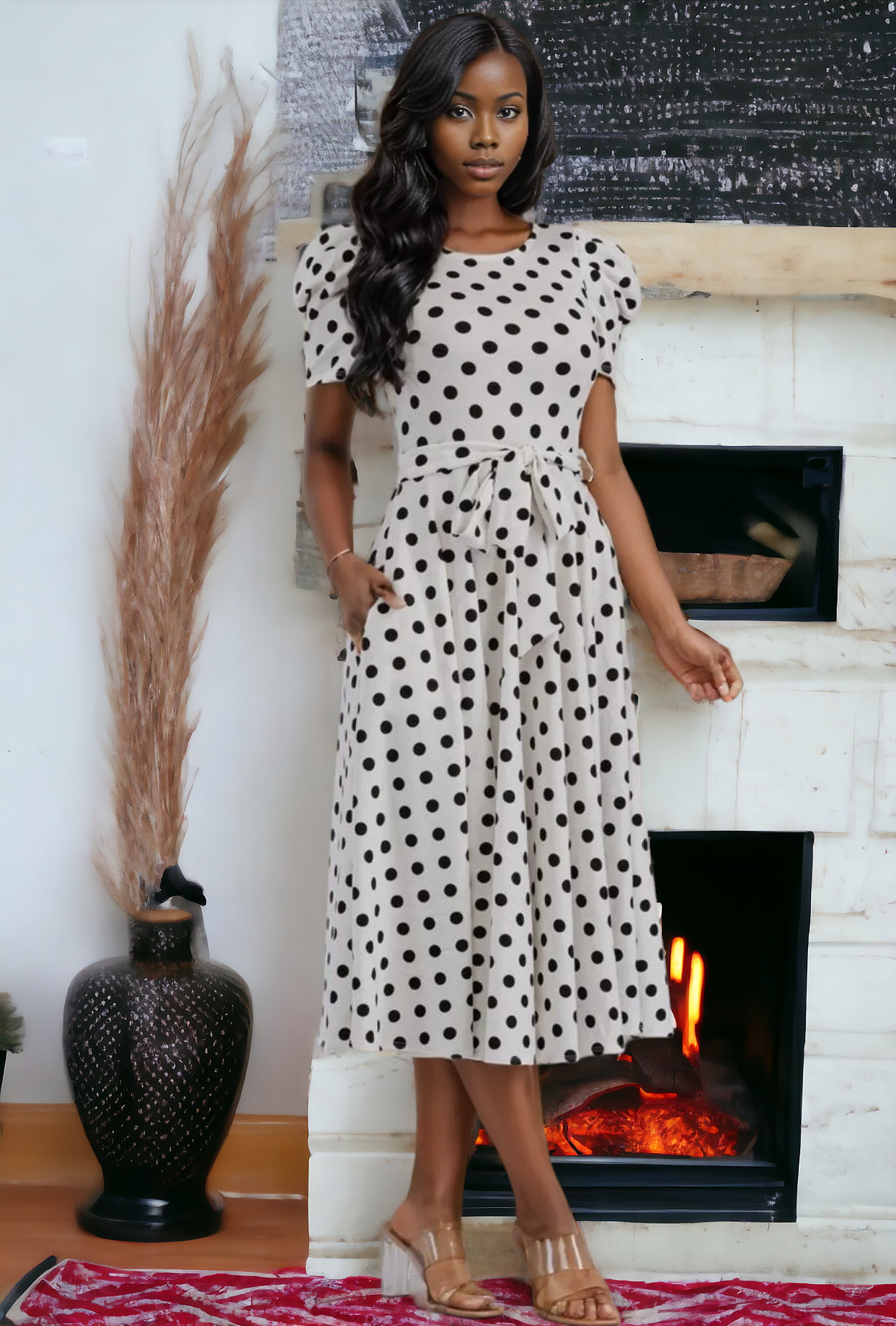 Puff Sleeve Polka Dot Cocktail Dress, Sizes 1X - 3X (Ivory)