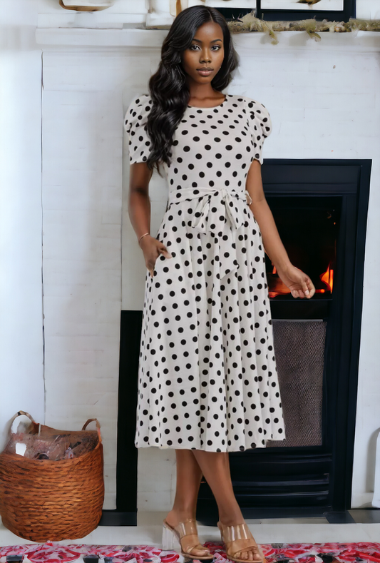 Puff Sleeve Polka Dot Cocktail Dress, Sizes 1X - 3X (Ivory)