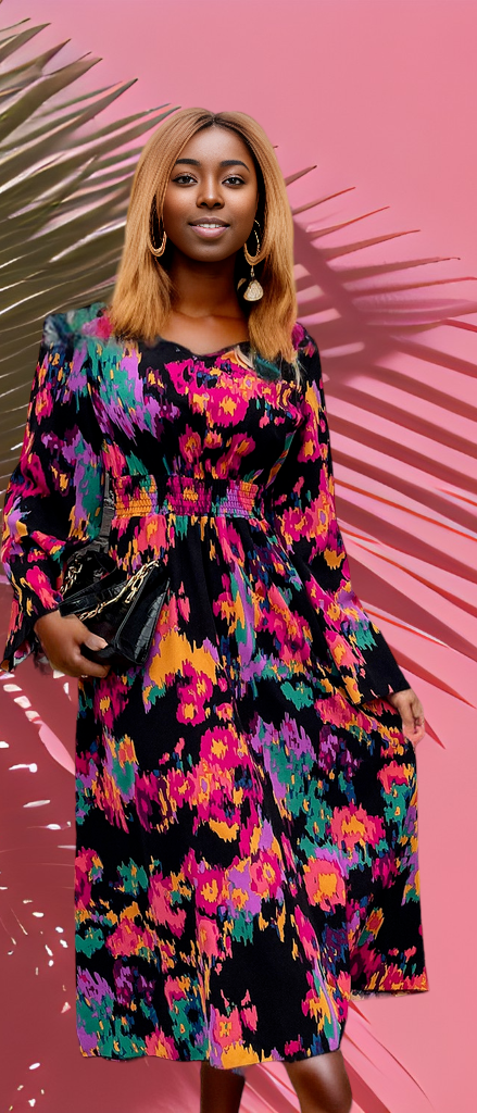 Printed Smocked Waist Midi Dress