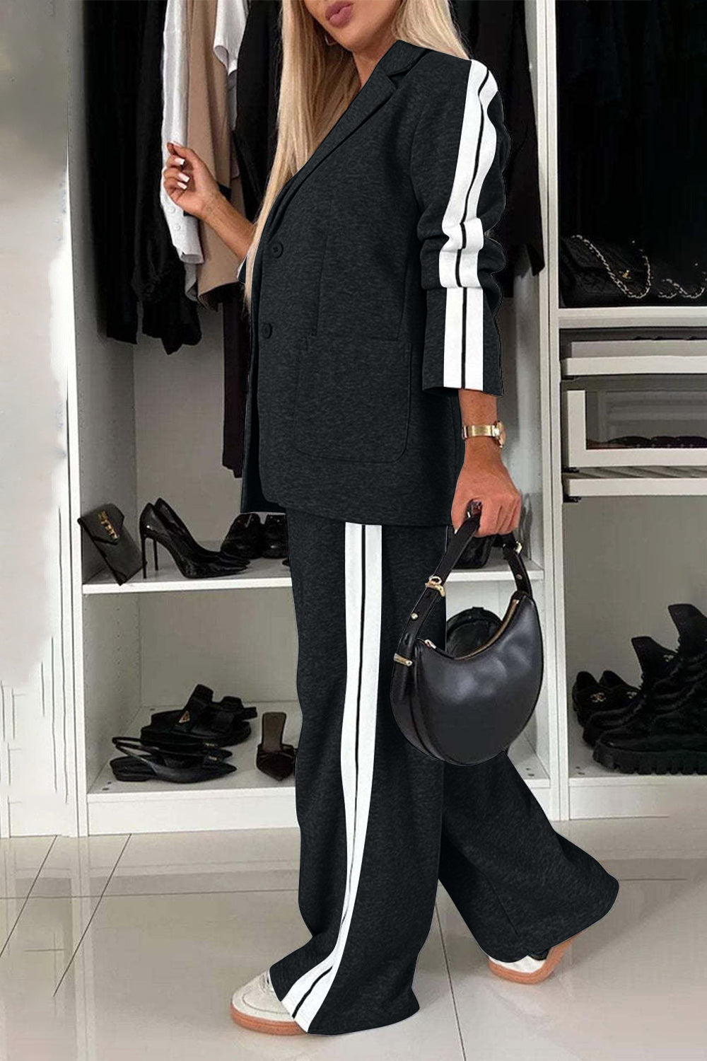 Full Size Contrast Lapel Collar Top and Pants Set, Small - 3XLarge