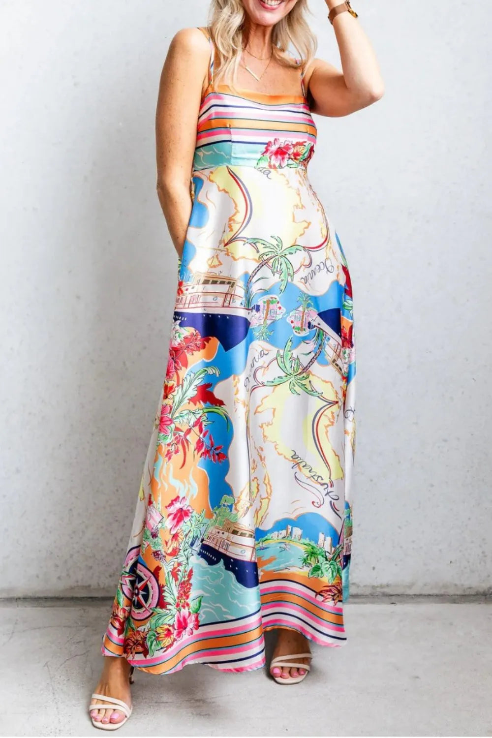 cami maxi dress with pockets Bohemian Print Cami Maxi Dress with Pockets Beige / 2XL