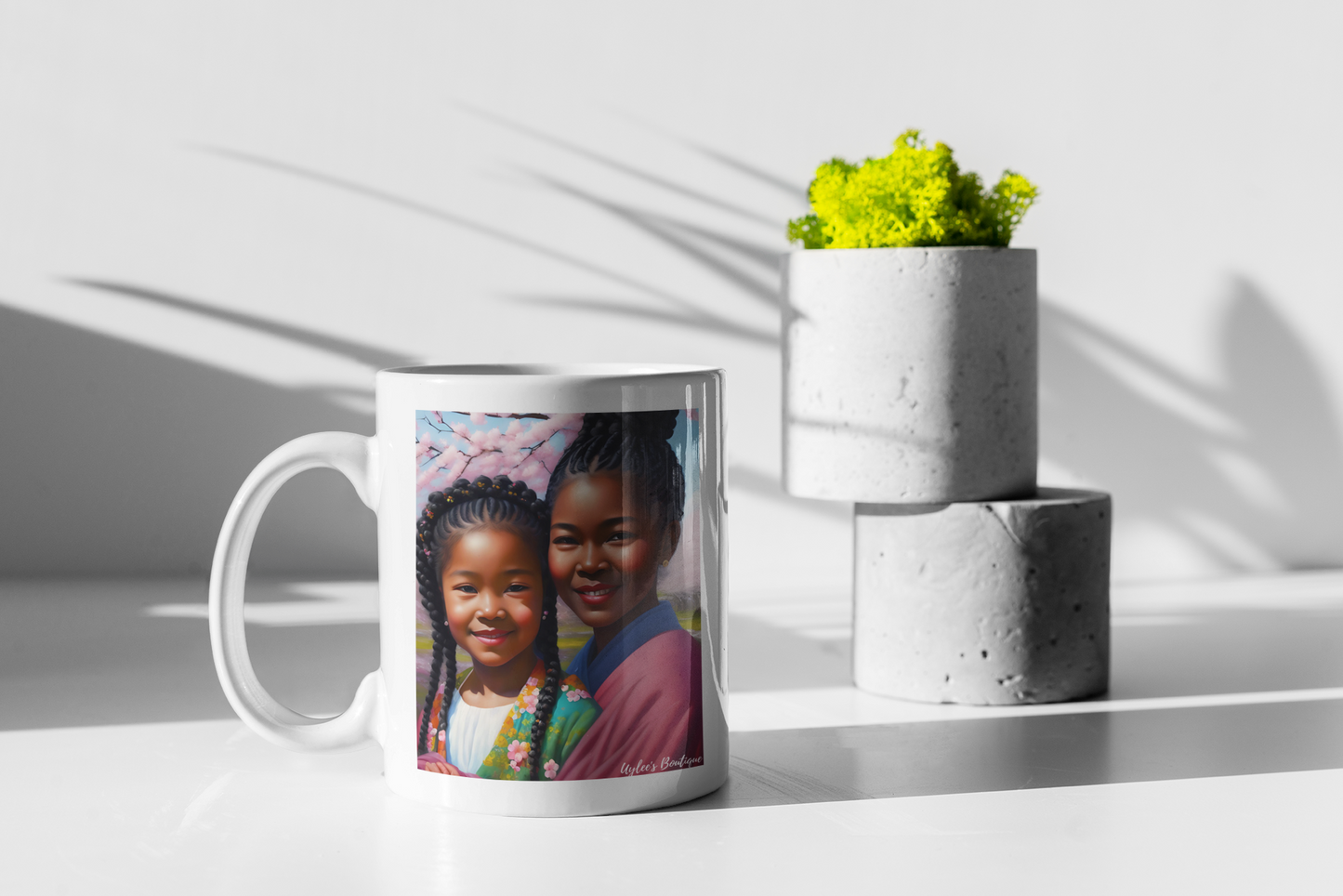 Beautiful Ceramic Custom Mug - African and Japanese Sisters in Cherry Blossoms