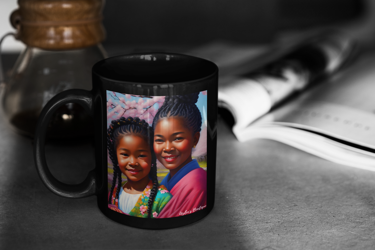 Beautiful Ceramic Custom Mug - African and Japanese Sisters in Cherry Blossoms