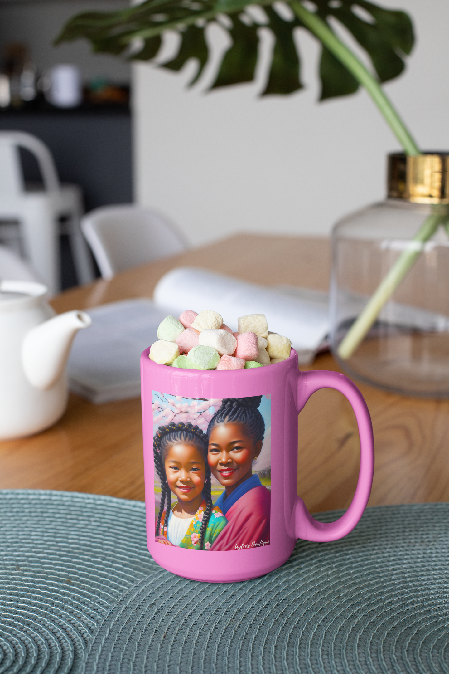 Beautiful Ceramic Custom Mug - African and Japanese Sisters in Cherry Blossoms