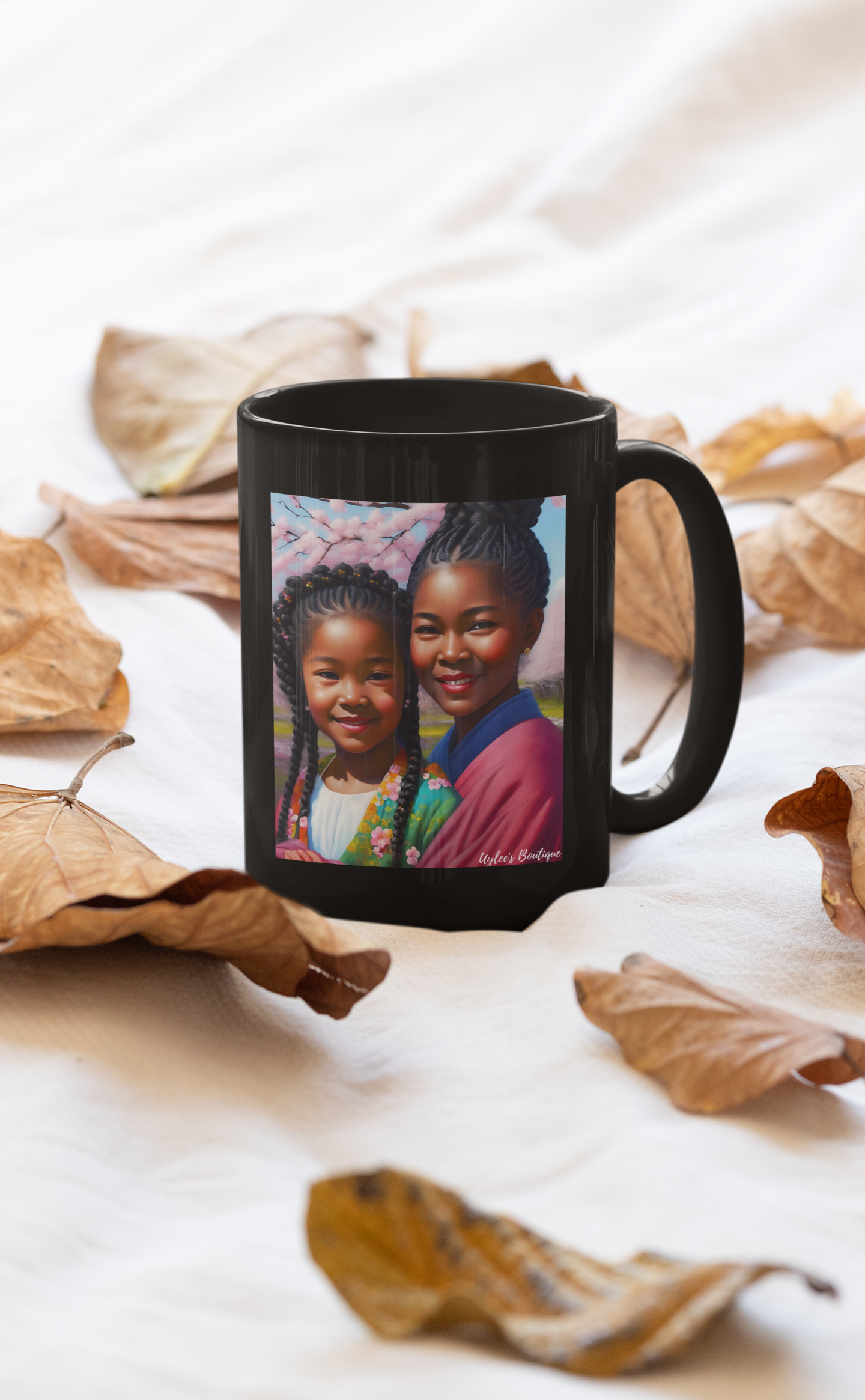 Beautiful Ceramic Custom Mug - African and Japanese Sisters in Cherry Blossoms