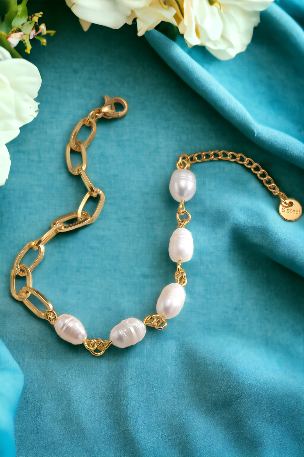 Half Pearl Half Chain Stainless Steel Bracelet