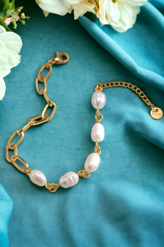 Half Pearl Half Chain Stainless Steel Bracelet