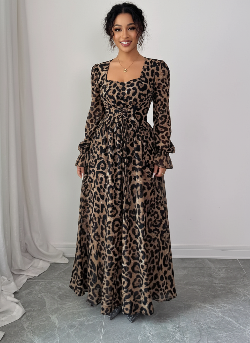 Leopard Sweetheart Neck Flounce Sleeve Maxi Dress