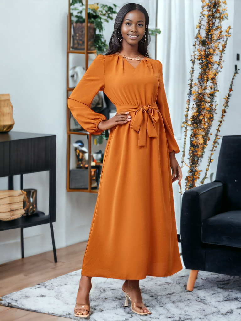 Tie Waist Puff Sleeve Maxi Dress