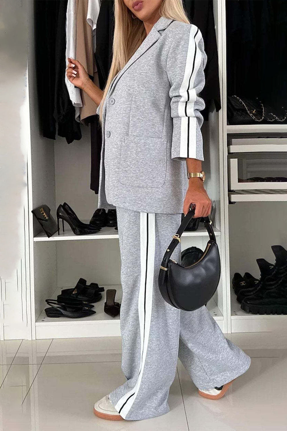 Full Size Contrast Lapel Collar Top and Pants Set, Small - 3XLarge