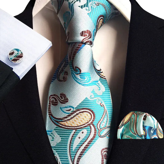 Men’s Silk Coordinated Tie Set - Sky Blue Paisley with Brown and Beige