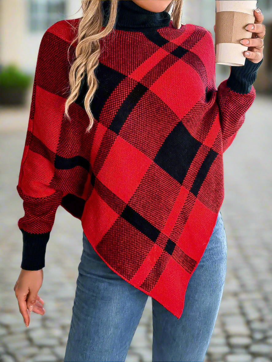 Plaid Turtleneck Batwing Sleeve Sweater