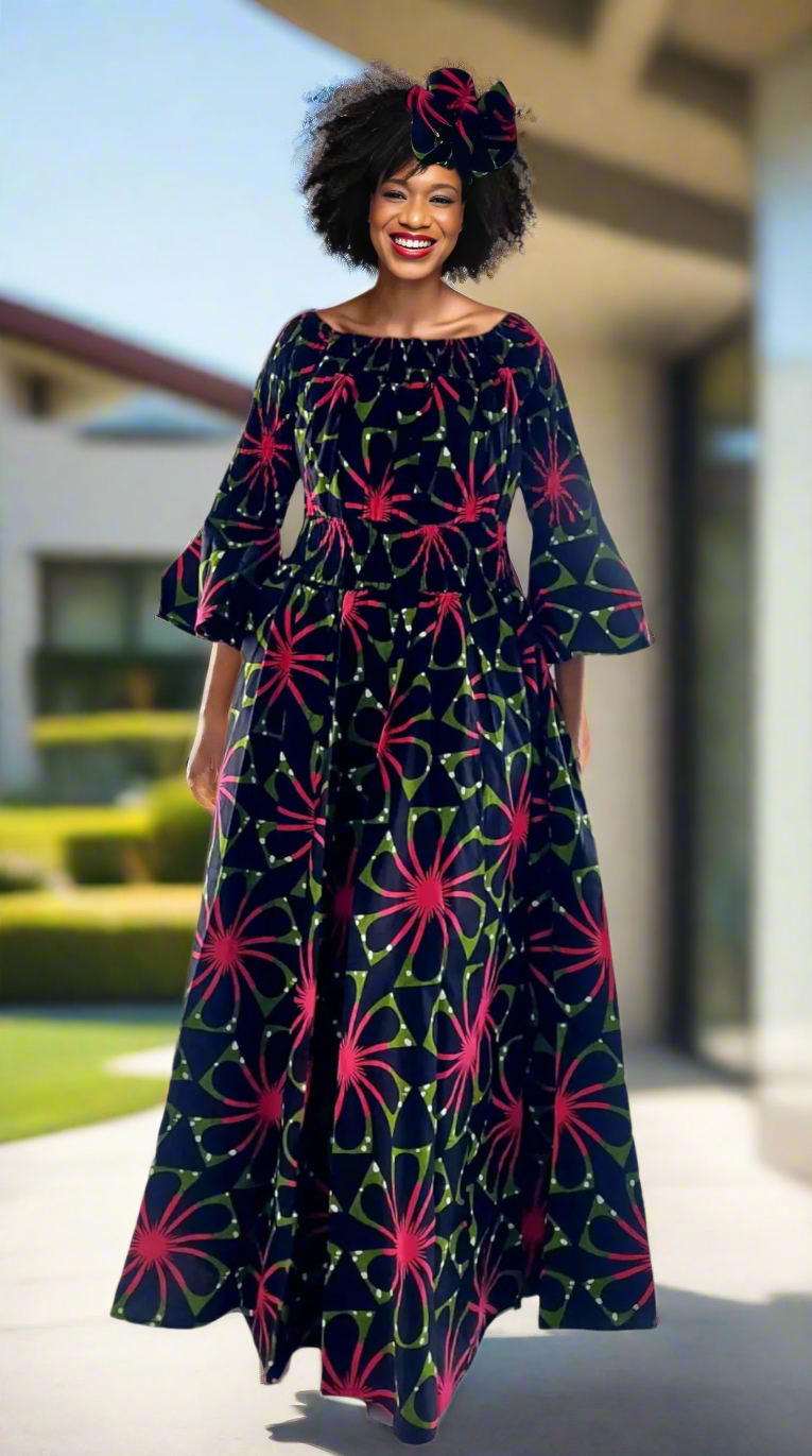 Smocked Waist Long Dress with Head Scarf - Red (Free Size)