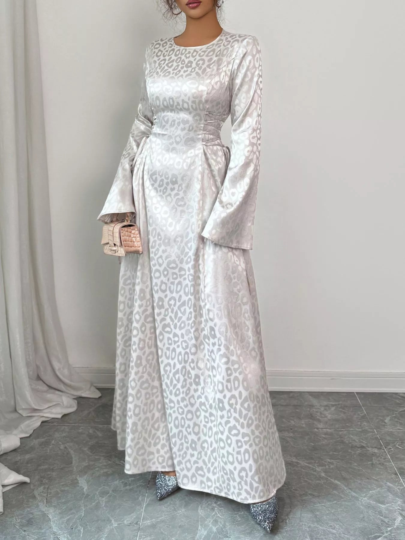 Leopard Lace Up Long Sleeve Maxi Dress - Apricot / M Leopard Lace Up Long Sleeve Maxi Dress - Apricot / M