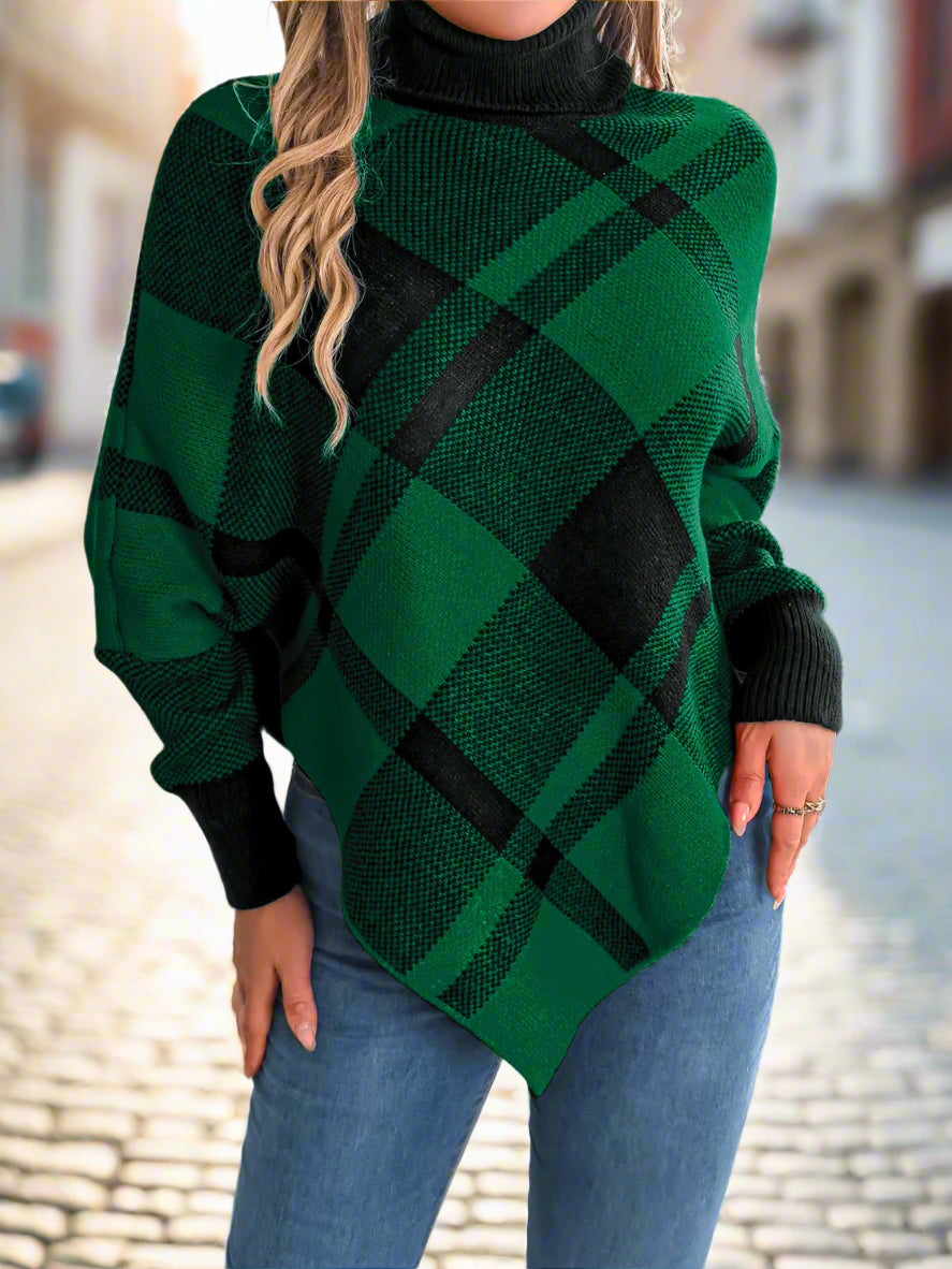 Plaid Turtleneck Batwing Sleeve Sweater
