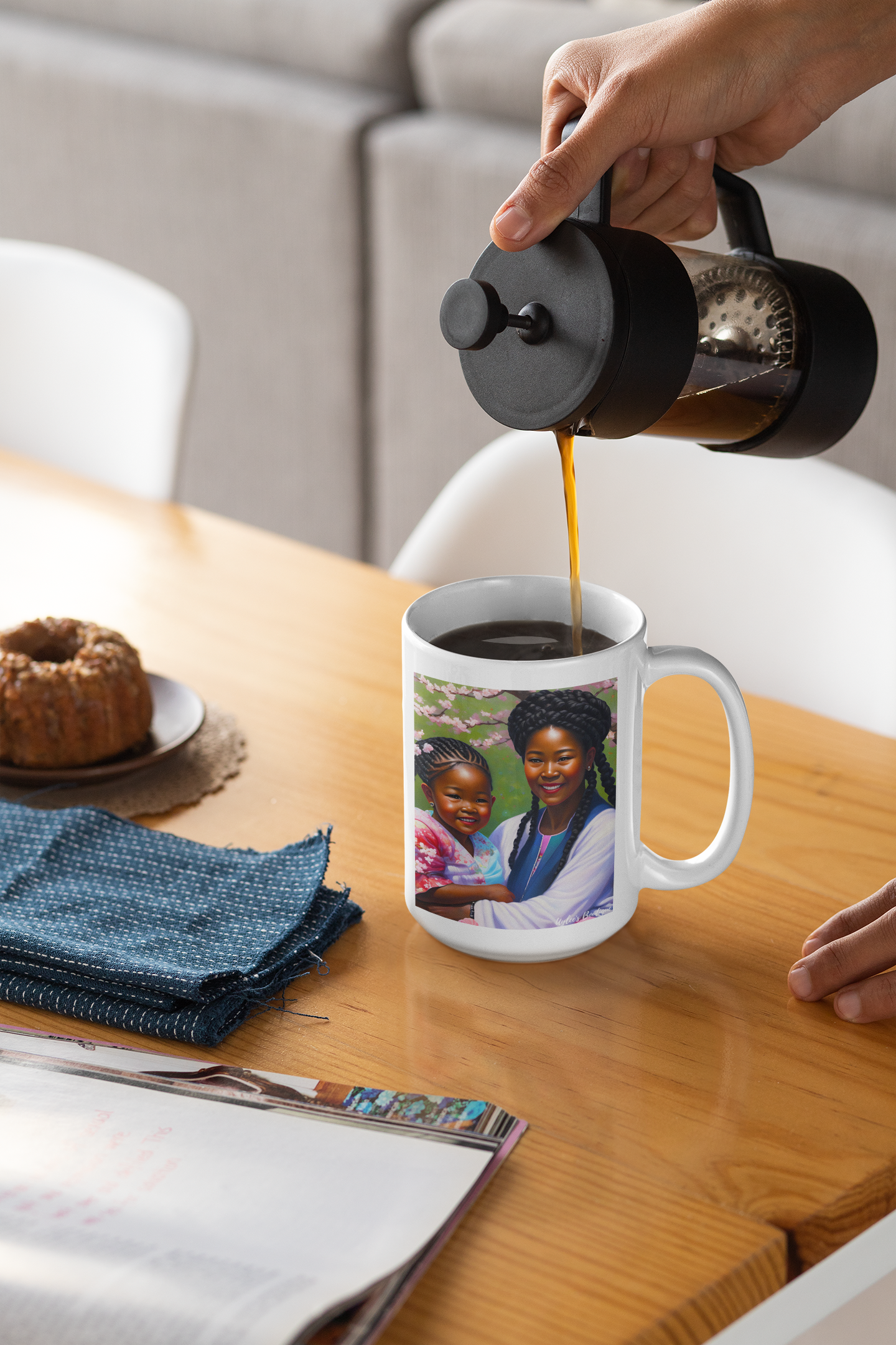 Beautiful Ceramic Custom Mug - Mother and Child in Cherry Blossoms