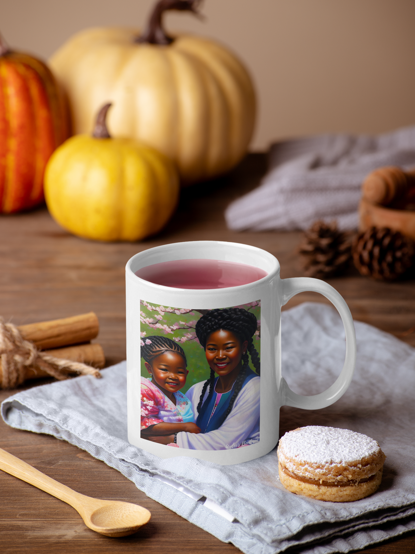 Beautiful Ceramic Custom Mug - Mother and Child in Cherry Blossoms