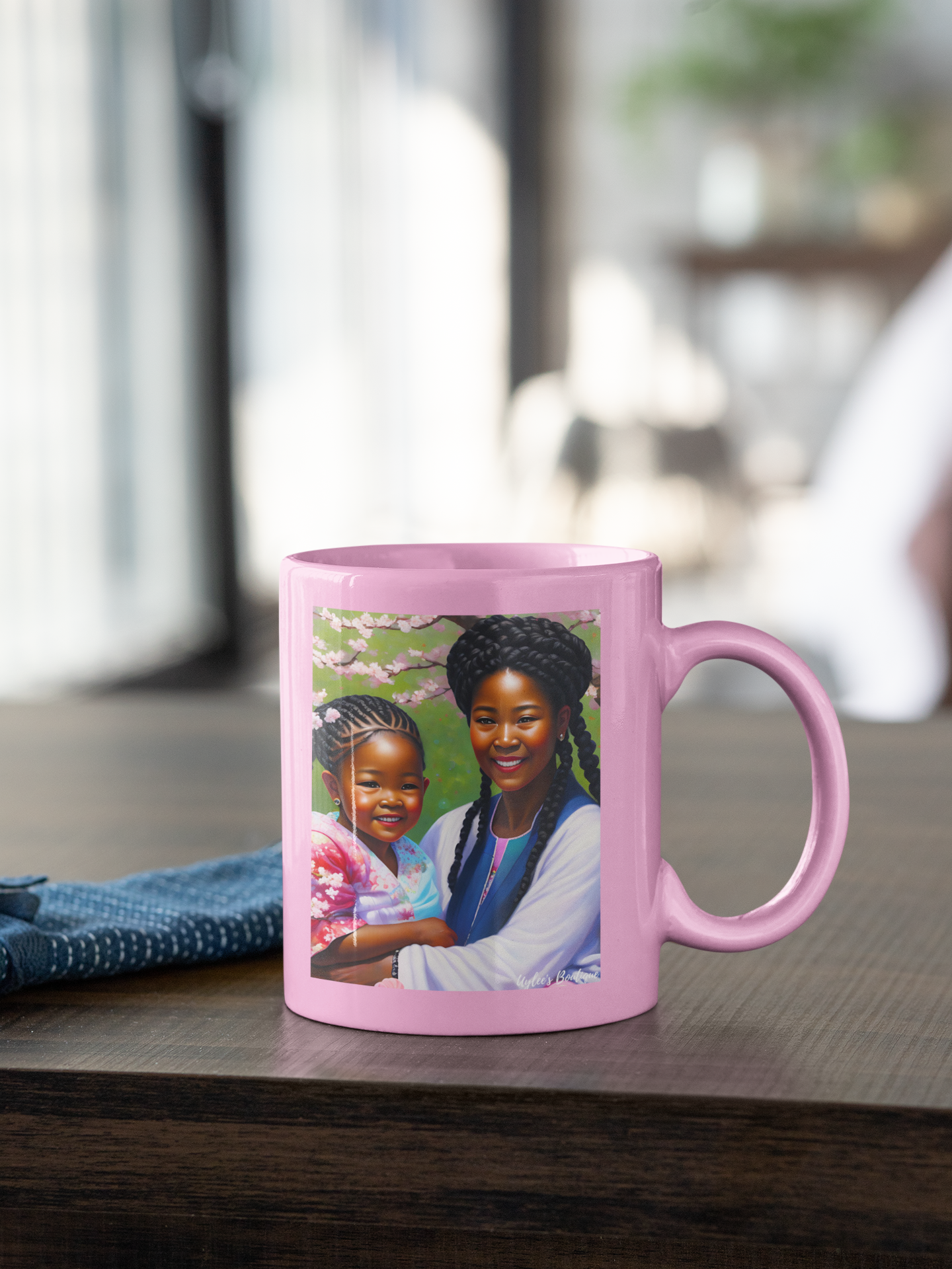 Beautiful Ceramic Custom Mug - Mother and Child in Cherry Blossoms