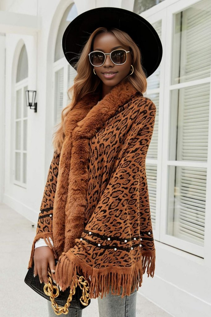 Leopard Fringe Hem Poncho