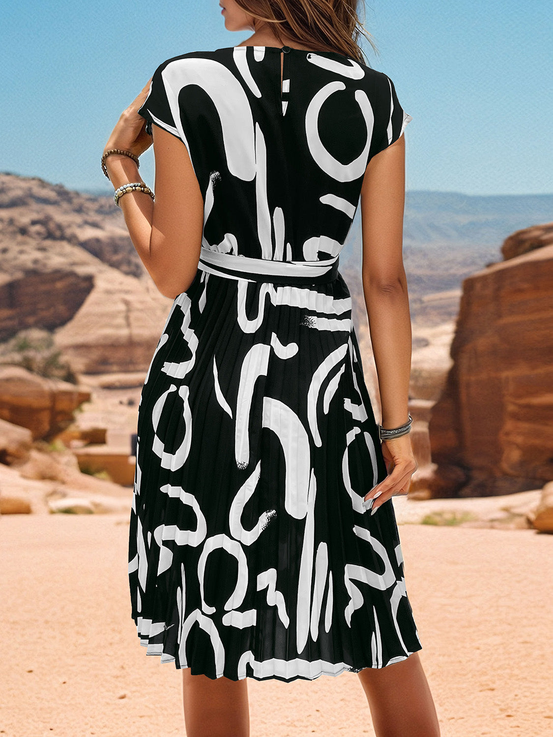 Printed Cap Sleeve Tie Waist Dress - Three Color Choices