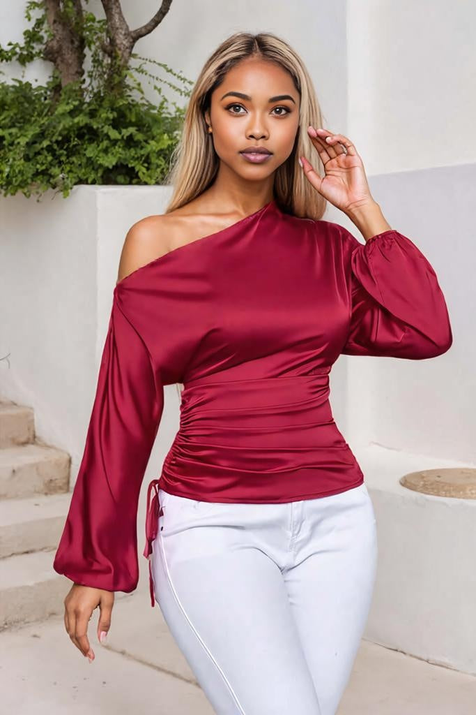Drawstring One Shoulder Long Sleeve Blouse