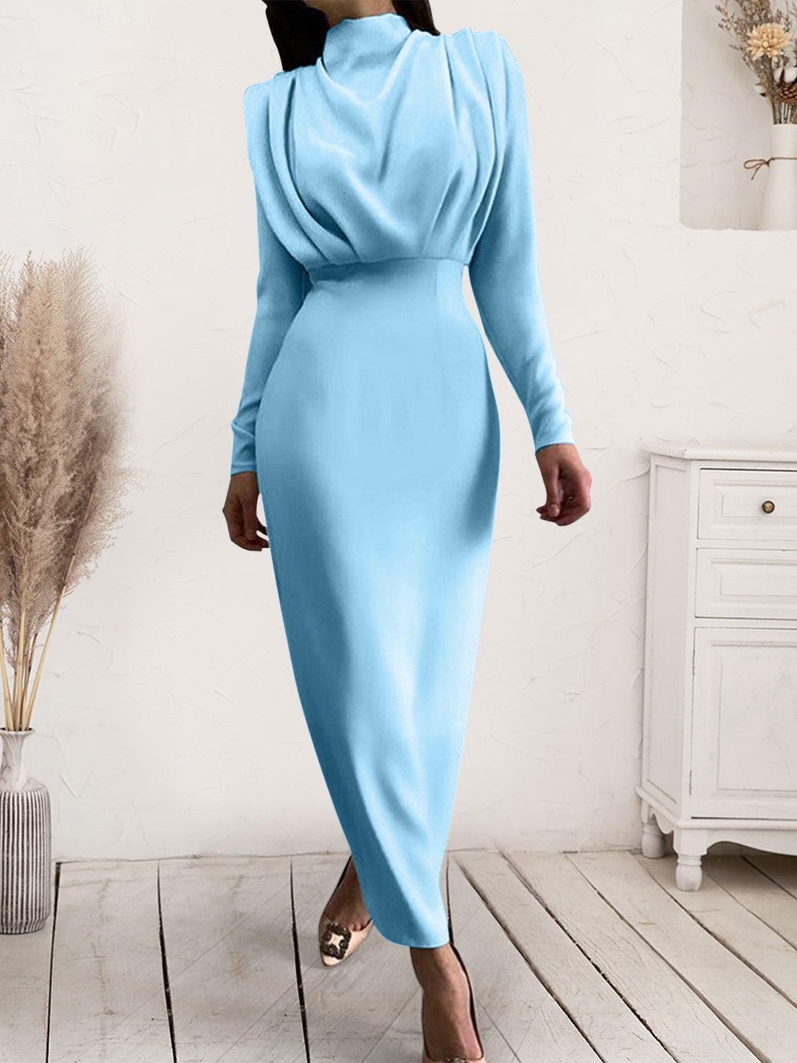 turtleneck ruched dress Ruched Long-Sleeve Turtleneck Dress in Vince Products Women