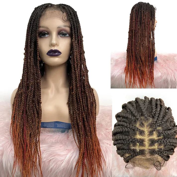 28 Inches 4x4 Black to Orange Ends Box Braids Lace Closure Wigs 200% Density-100% Handmade