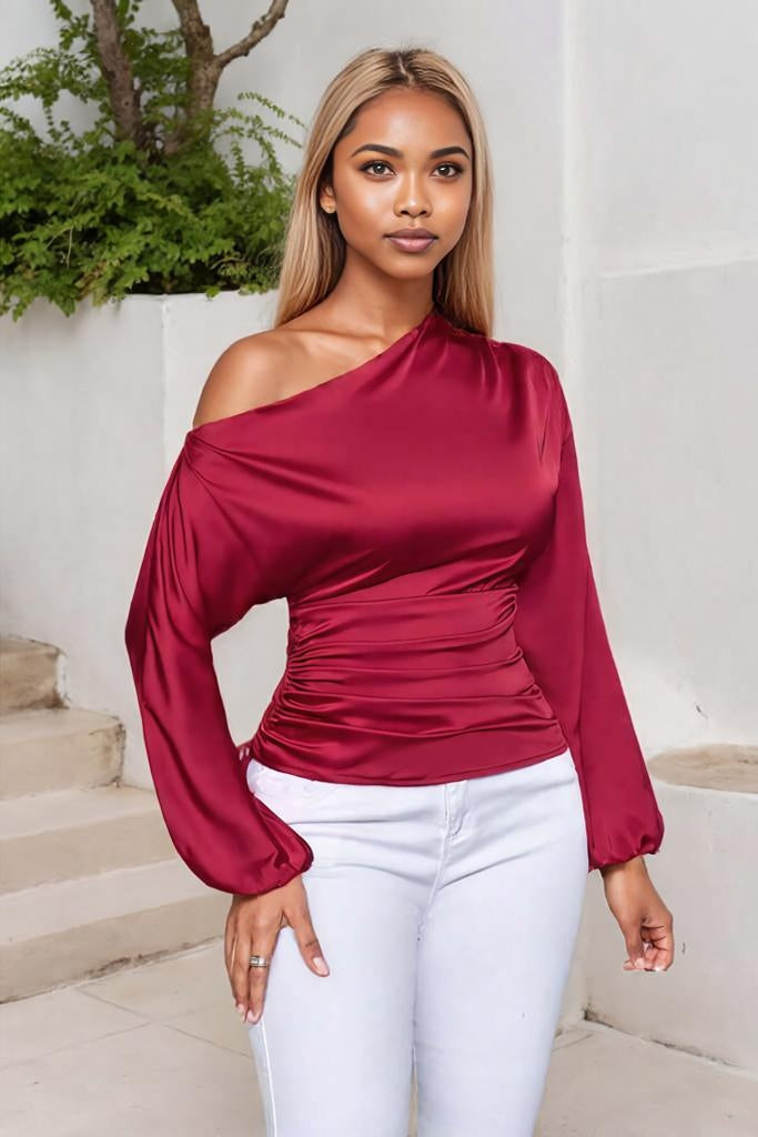 Drawstring One Shoulder Long Sleeve Blouse