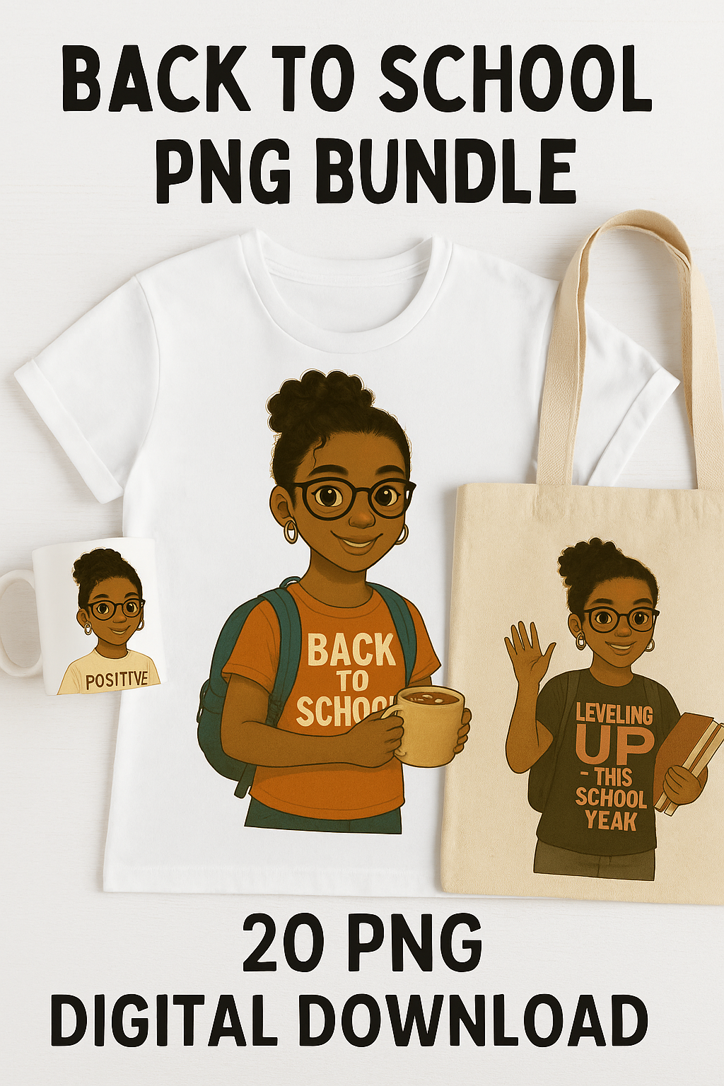 Back to School PNG Bundle | African American Girl Clipart | Coffee Mug & T-Shirt | 20 PNG Digital Download for Stickers, Journals and More