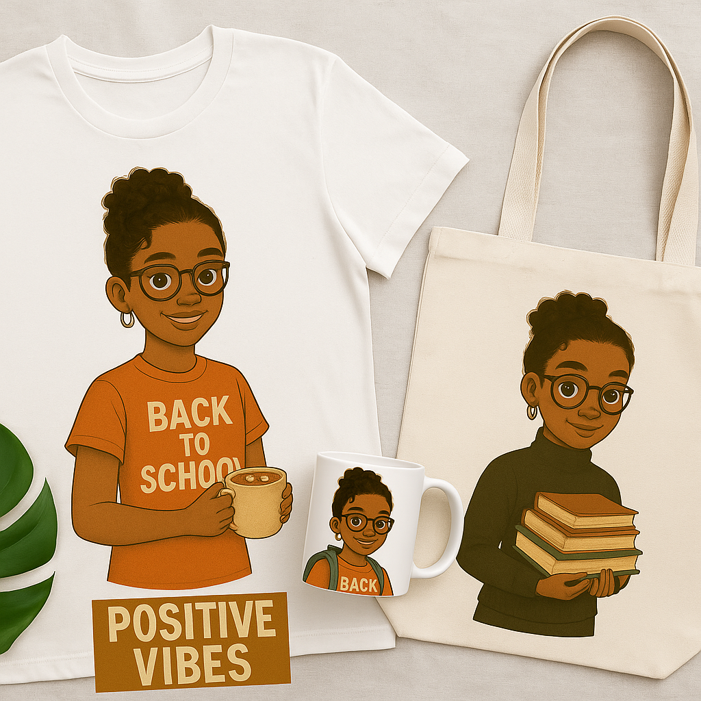Back to School PNG Bundle | African American Girl Clipart | Coffee Mug & T-Shirt | 20 PNG Digital Download for Stickers, Journals and More
