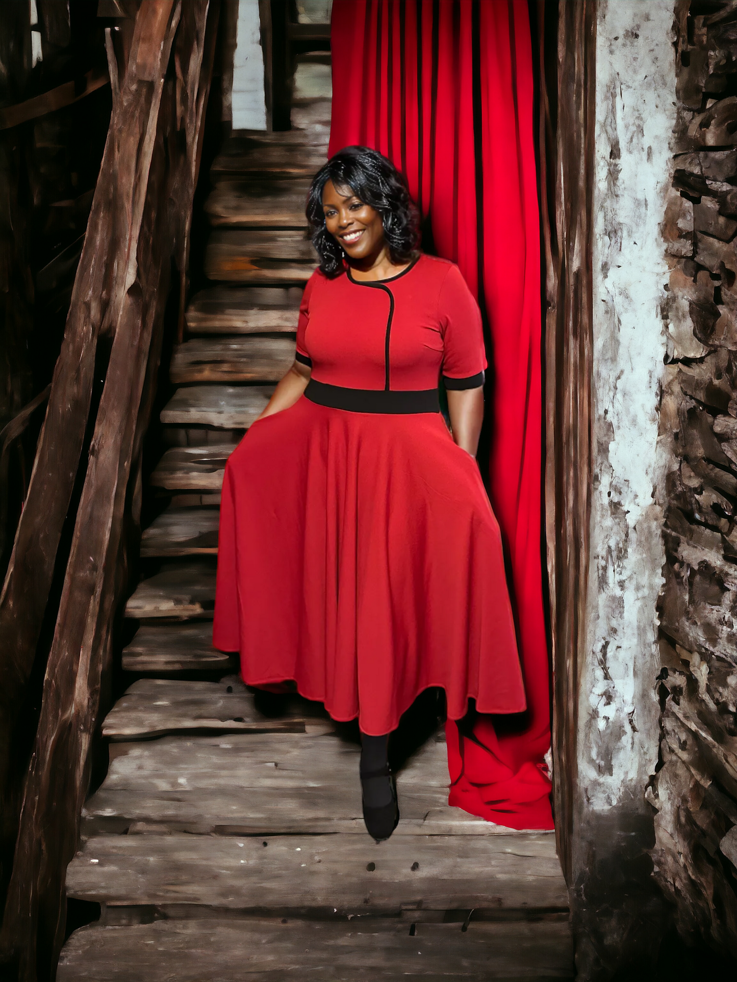 Red Contrast Trim Dress