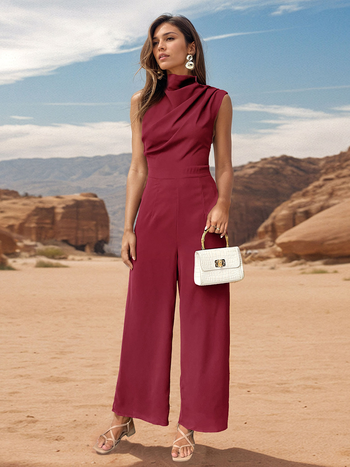 Ruched Mock Neck Sleeveless Jumpsuit - Four Color Choices