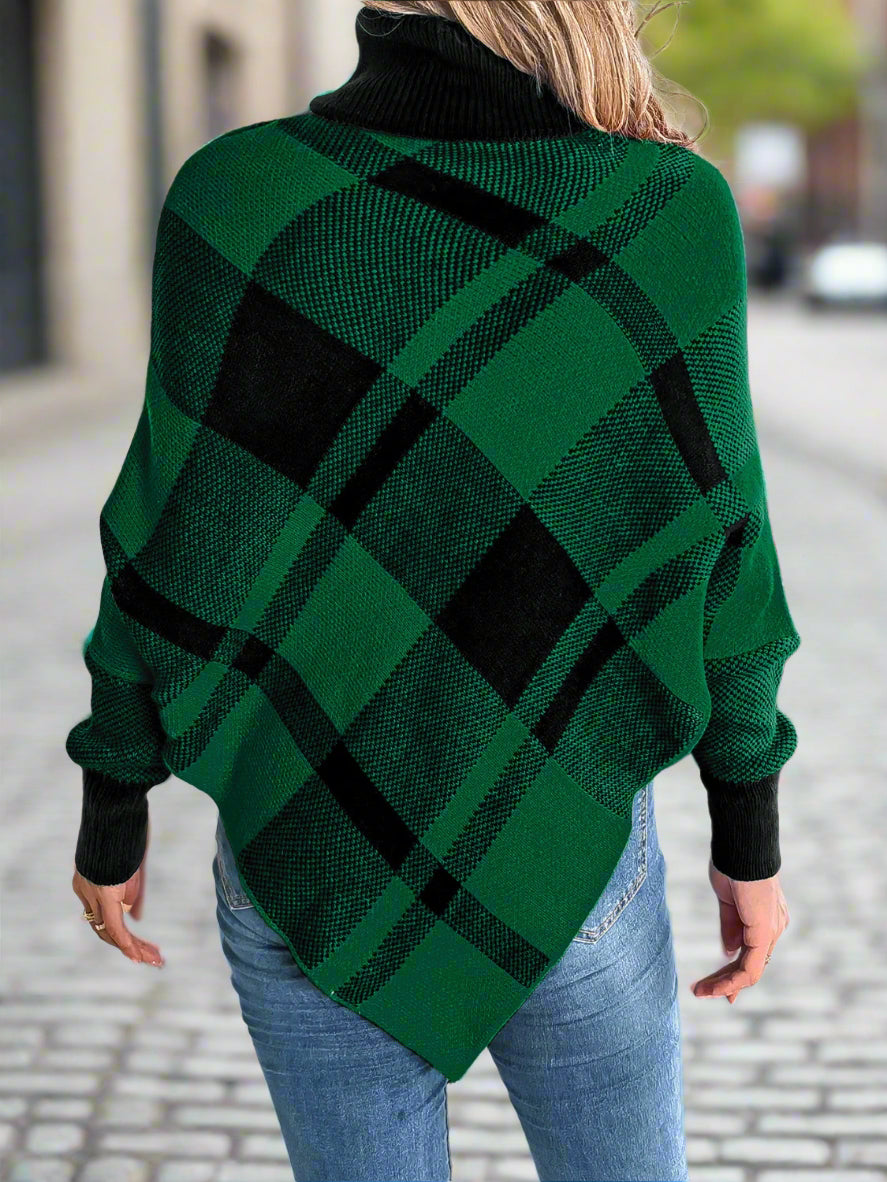 Plaid Turtleneck Batwing Sleeve Sweater