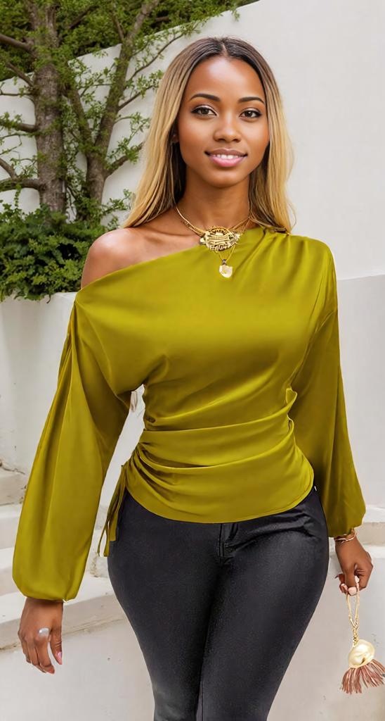 Drawstring One Shoulder Long Sleeve Blouse