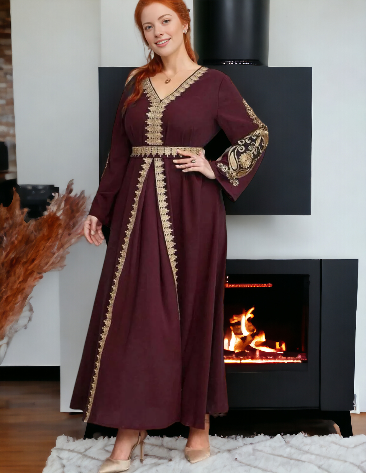 Elegant Maroon Embroidered Dress, Sizes 0XL - 4XL (US 12 - 20)