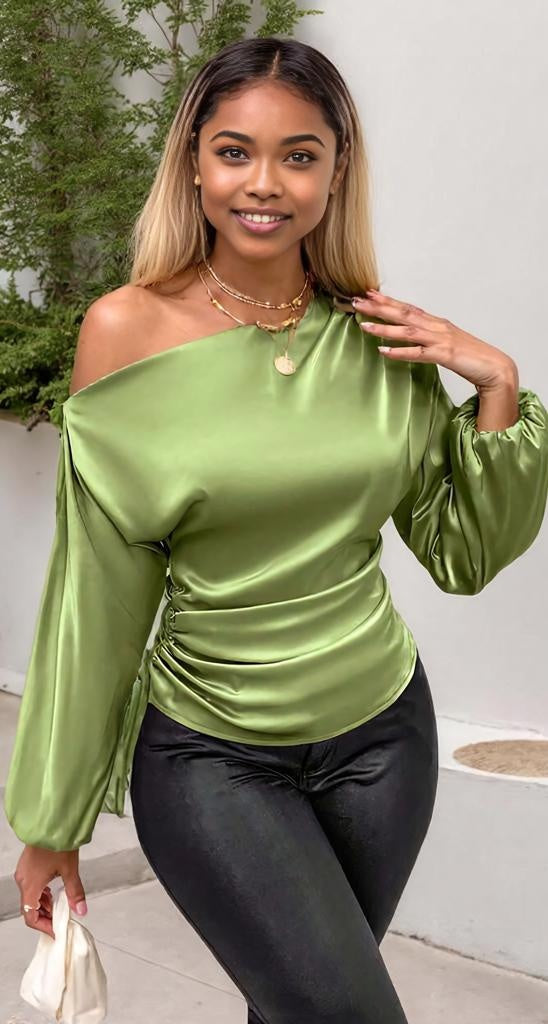 Drawstring One Shoulder Long Sleeve Blouse