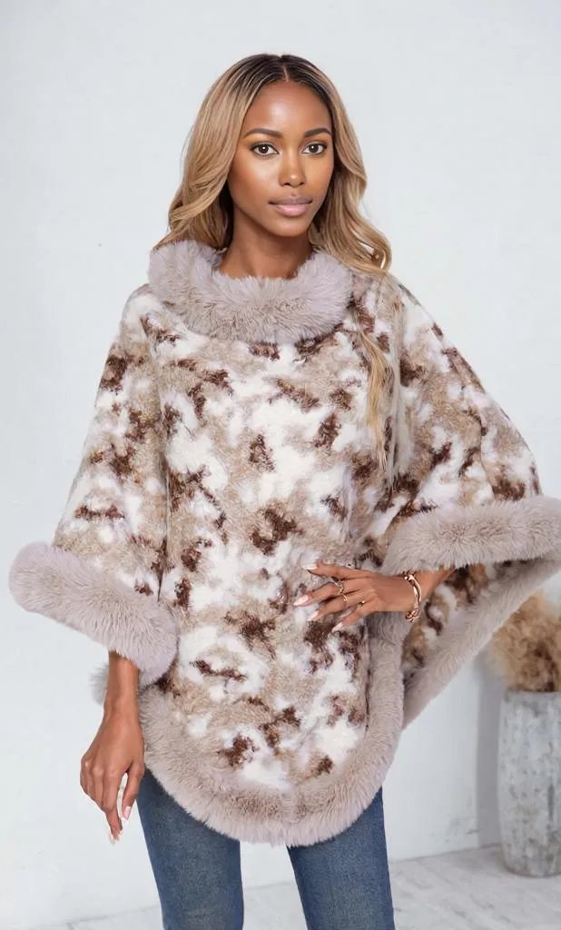 Furry Contrast Three-Quarter Poncho