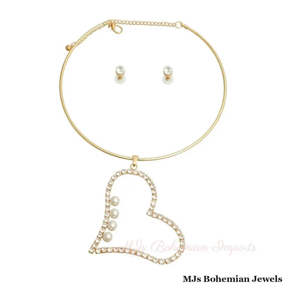 Gold Pearl Rhinestone Heart Choker