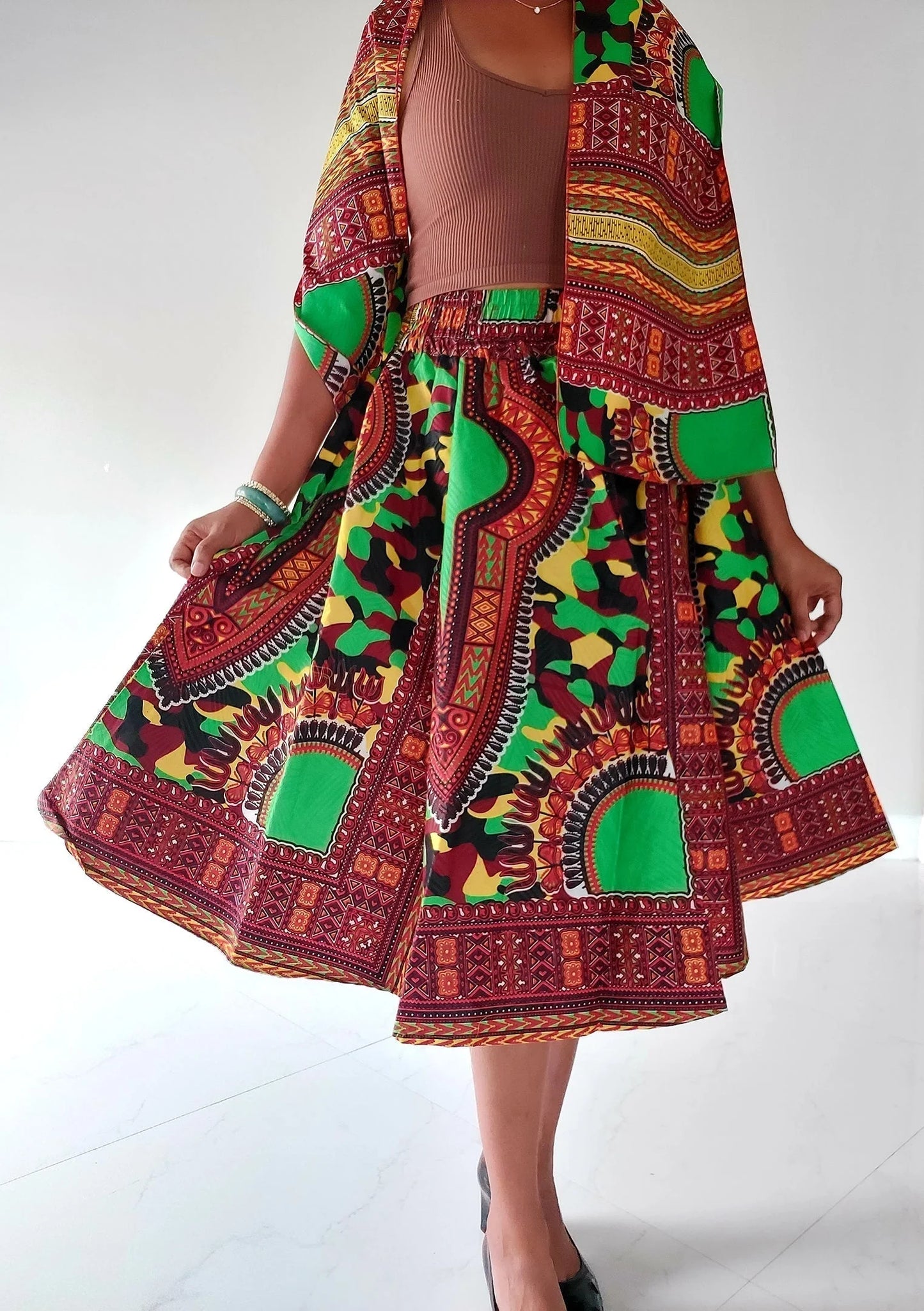 Women Mid Length Dashiki Print Skirt- Green with headwrap (free size)