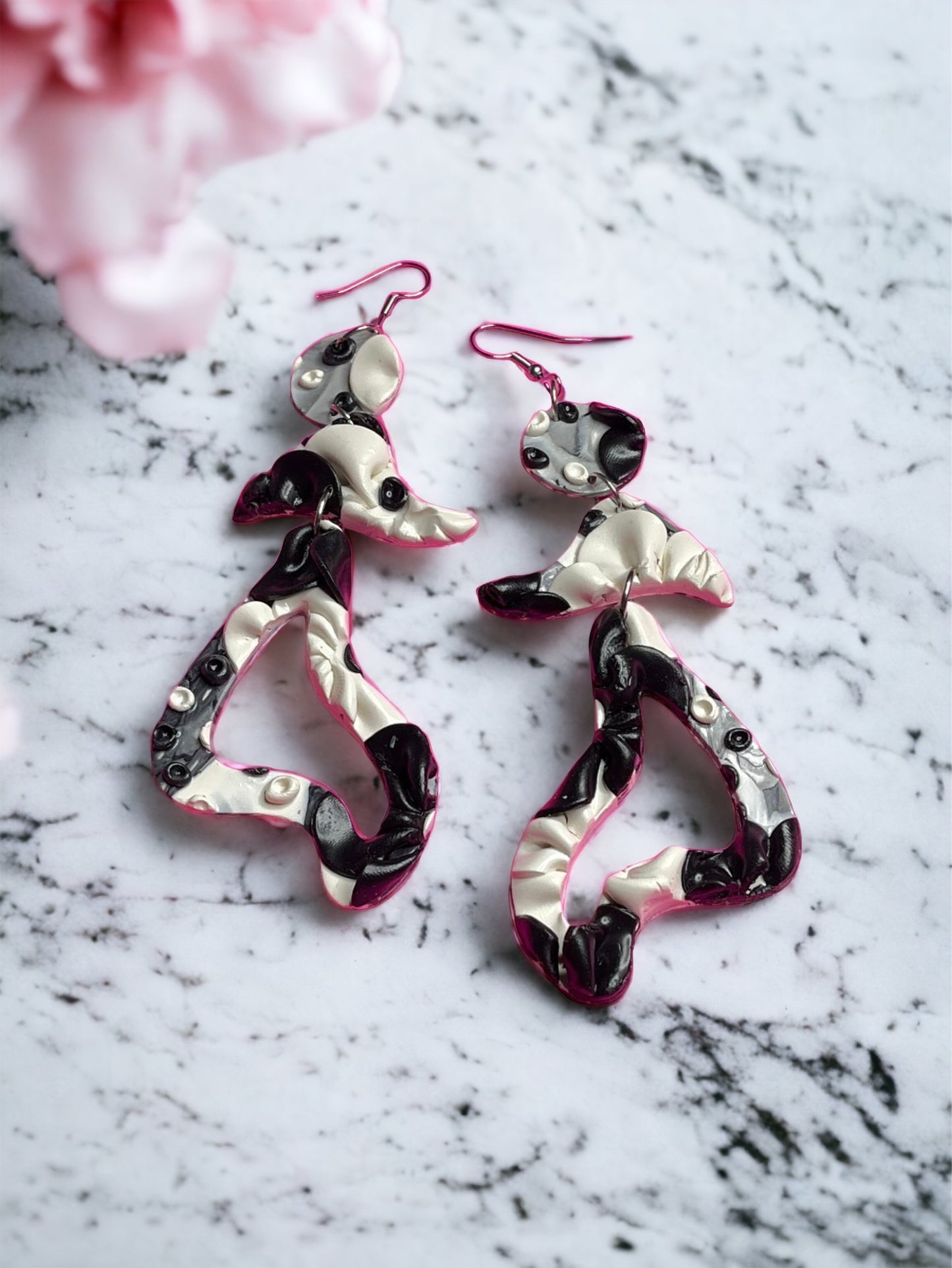 Hand Made Bubble Flower Salsa Lady Black and White Dangle Earrings
